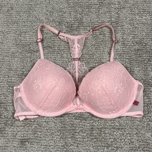 Victoria's Secret Push Up Bra Womens 36B Racer Back Front Clasp Pink Lacy Sexy